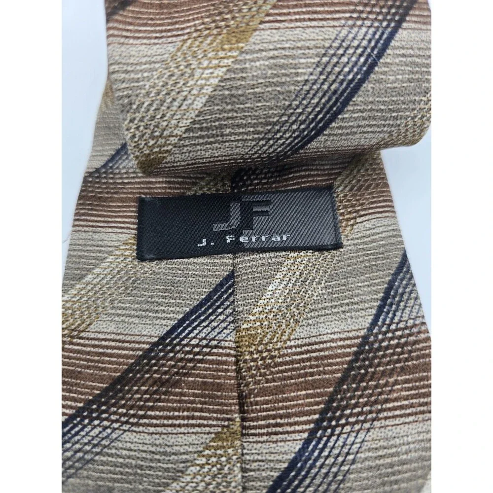 J. Ferrar Men's 100% Silk Tie Brown Beige Navy Blue Diagonal Abstract Stripe USA